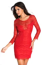Frauen Hülse Mit Drei Vierteln Oansatz Feste Bühnentanzabnutzung cocktail parteien red Lace-up Zurück Ärmeln Spitze Mini Party kleid 22625
