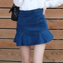 2016 Women’s summer denim jeans short mini skirts high waist ruffle jeans elastic skirts ladies mini skirts saia jeans feminina