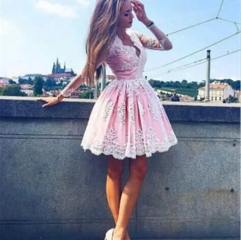 Розовые кружевные платья для возвращения домой А-силуэт v-образный вырез с длинными рукавами Короткие Мини кружевные аппликации