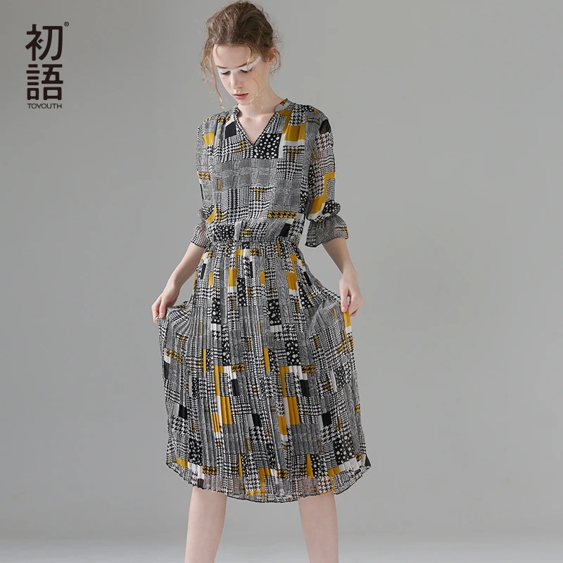 Женское платье с геометрическим принтом V образным вырезом и рукавом 2019|long dress|summer