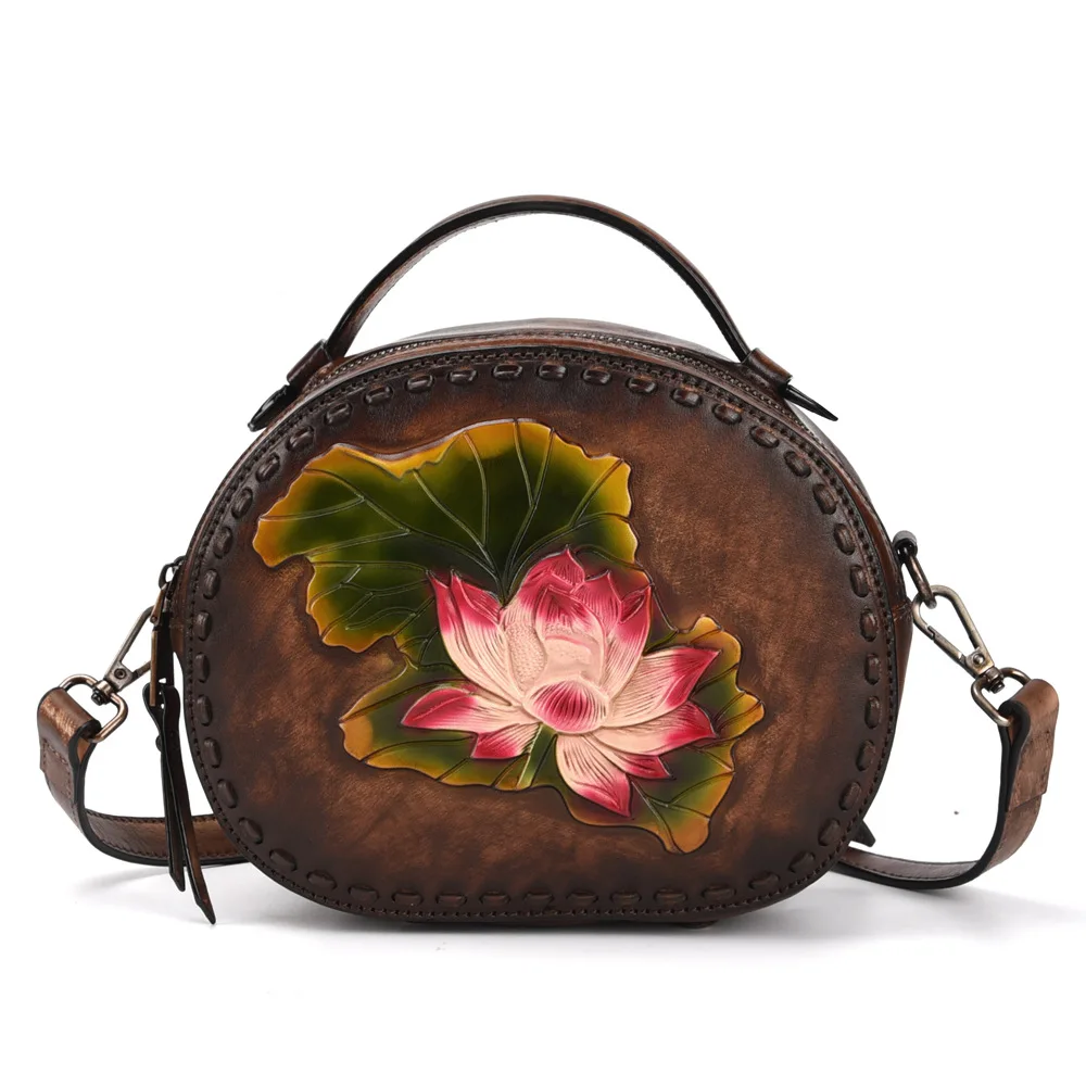 

Retro Women Shoulder Messenger Bag Genuine Leather Handmade Ladies Handbag First Layer Cowhide Floral Crossbody Bags for Women