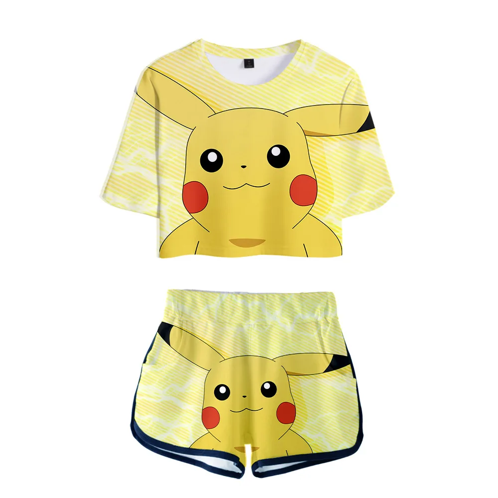 

Pokemon Women Outfits Two Piece Set Outfit 3D T-Shirt Women's Suit Shorts Summer Top Ensemble Femme Anime Pikachu Biker Shorts