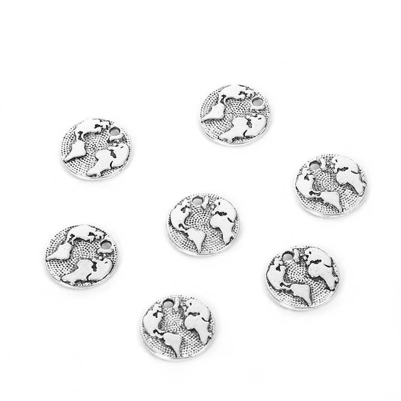 cheap DoreenBeads Fashion Jewelry Zinc Based Alloy Pendant Charms Round Antique Silver Color World Map 15mm( 5 8\