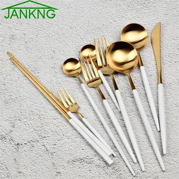 

Dinnerware Set White Gold Knife Fork Tableware Cutlery Dinner Tableware Kitchen Accessories Cutlery Set Travel China Dinner Set9