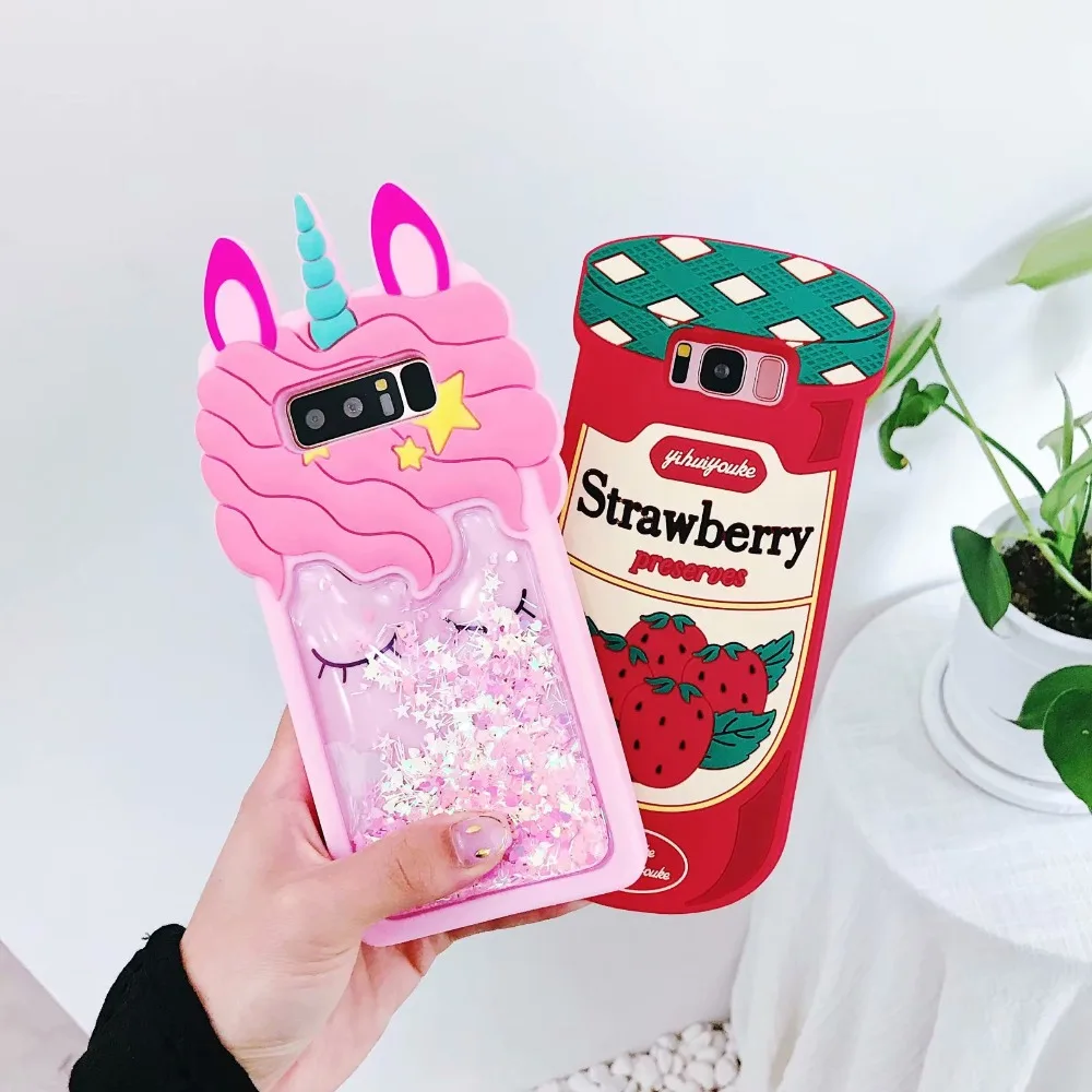 

3D Cartoon for Samsung Galaxy S8 S8Plus S8+ S9 Plus Pink Quicksand Unicorn Soft Silicone Liquid Stars Strawberry jam Phone Case