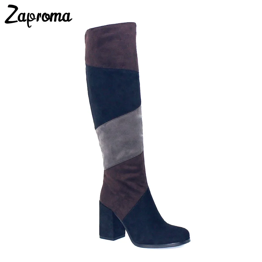

Boots Women Knee High Mix Colors Super High Heel Boot Chunky Heel Black Brown Grey Patchwork Winter Flock Shoes Zipper 2018