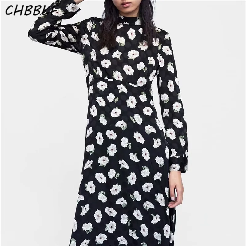 

CHBBLF women flower pattern dress long sleeve stand collar fashion print dress female loose sweet dresses XSZ1830