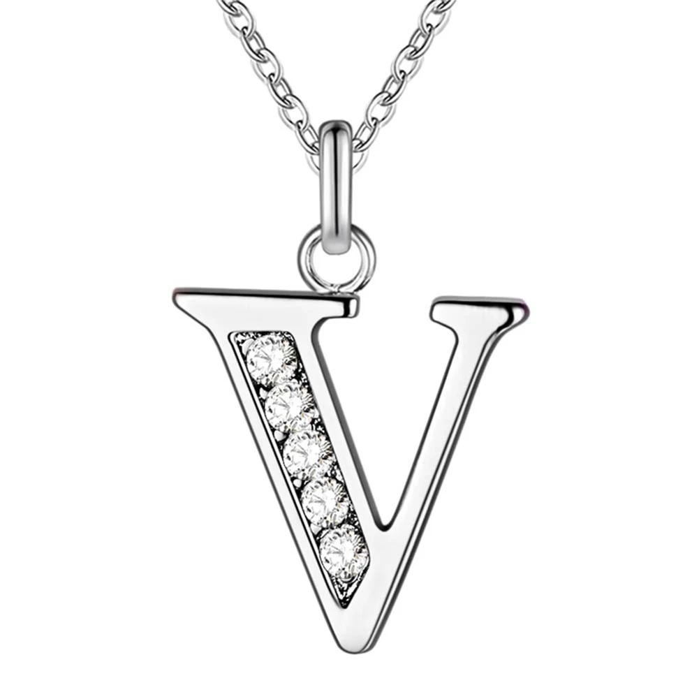 Простой Блестящий Цирконий 26 Английский кулон из букв для женщин и мужчин тонкие ожерелья Ювелирная цепочка кулон ожерелье для лучшего подарка на день рождения - Окраска металла: V