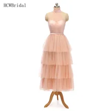 Очаровательное короткое румяное розовое вечернее платье Холтер линия многоуровневый Тюль Низкий вырез на спине длина до лодыжки дешевые платья на выпускной vestido de festa