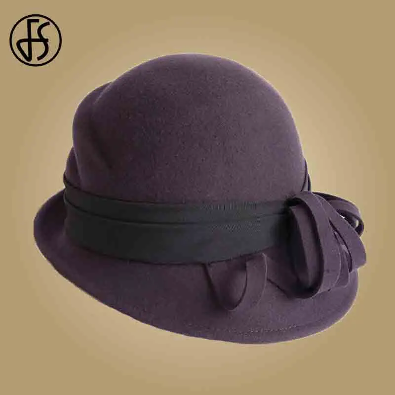 FS элегантные шерстяные фетровые шляпы женские черные фетровые модные широкие шляпы котелок вечерние головные уборы церковный колокол - Цвет: Purple Wool Fedora