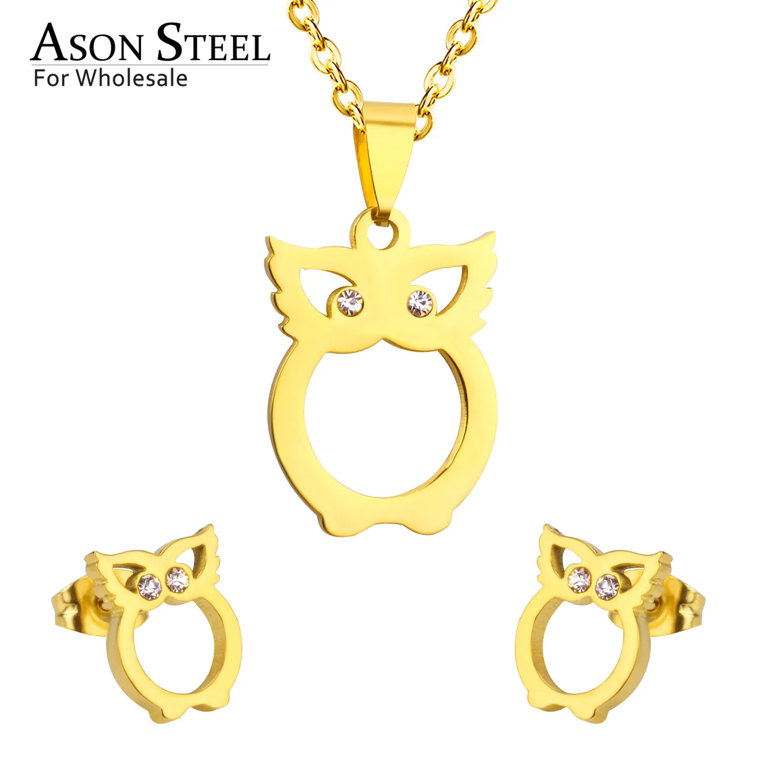 ASONSTEEL 316L Stainless Steel Gold Color Jewelry Sets for Women 2019 Owl AAA+ CZ Pendant Necklace Small Earrings Femme | Украшения и