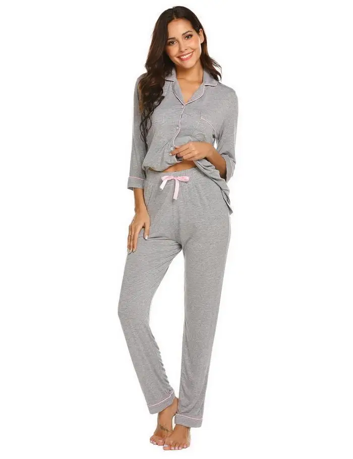 Ekouaer пижамы пижамные комплекты Женские повседневные однотонные рубашки с рукавом три четверти топ длинные брюки пижамные комплекты женские мягкие домашние костюмы