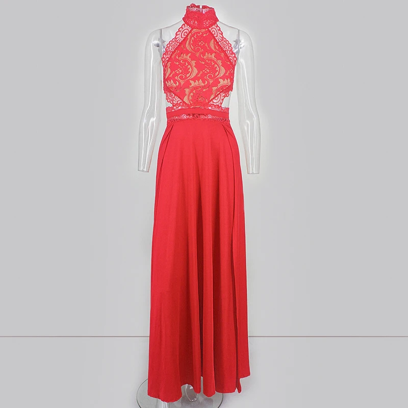 Black Red Split Hollow Out Lace Backless Long Maxi Dress