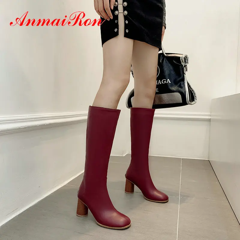 

ANMAIRON Womens Winter Fashion 2019 Basic Round Toe Square Heel PU Knee-High Women Boots Short Plush Women Shoes Size 34-43