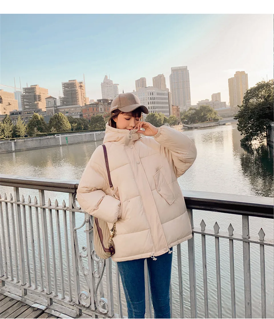 Однотонная модная Свободная Женская куртка с капюшоном на молнии из 2019 хлопка, теплая длинная куртка-парка, зимнее Стеганое пальто, Женское