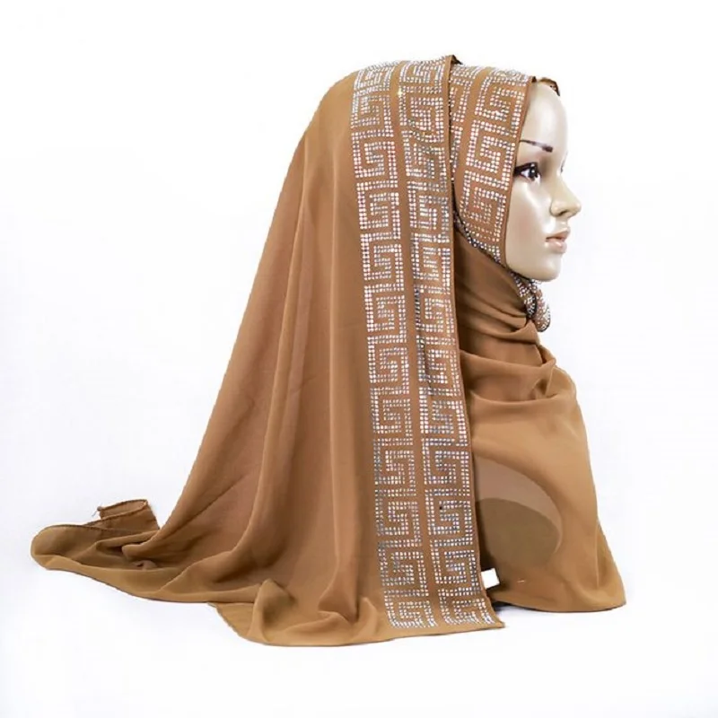 

Premium Bubble Chiffon Muslim Scarf Hijabs Headscarf With Exquisite Rhinestone Decor Women's Modest Islamic 27.5*67inch 18colors