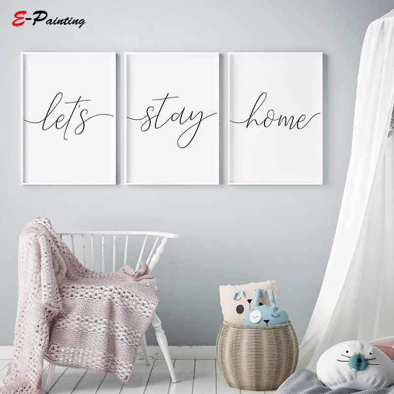 Modern Canvas Painting Picture Let S Stay Home Handwriting Prints