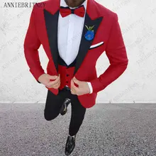 ANNIEBRITNEY модный красный мужской костюм с черным лацканом, свадебные костюмы для мужчин на заказ, приталенный мужской костюм жениха, 3 предмета(пиджак+ брюки+ жилет