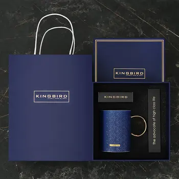 

450ml Geometry Embossing Process C-shaped Gold Handle With Lid Spoon Exquisite Gift Box Set Tote Bag Ceramic Coffee Mug Tea Cup