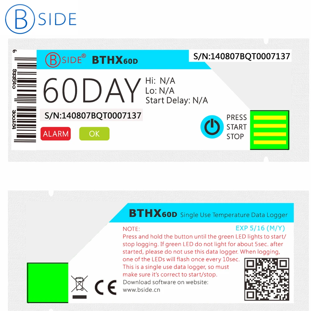 

BSIDE BTHX60D Single Use USB Temperature Data Logger 60days Recorder IP67 Water Resistant &Alarm for Agricultural Home Appliance