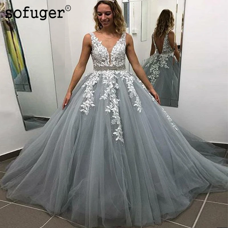 

Grey Appliques Middle East Party Dress Sash V Neck Tulle Pleat Evening Dress Prom Robe De Soiree Vestidos De Fiesta De Noche
