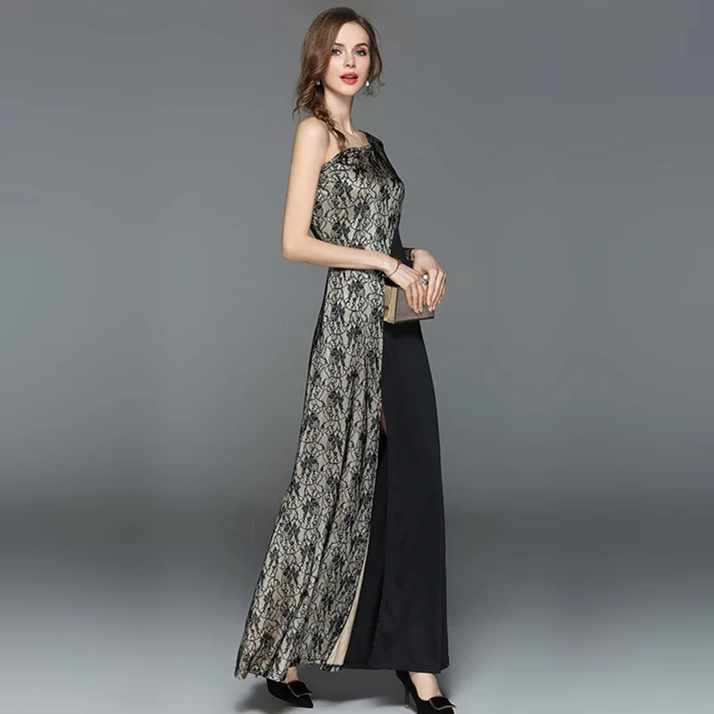 2018 spring summer new fashion sexy women lace dress shoulder sleeve bare shoulder slim female lace formal dress long dress