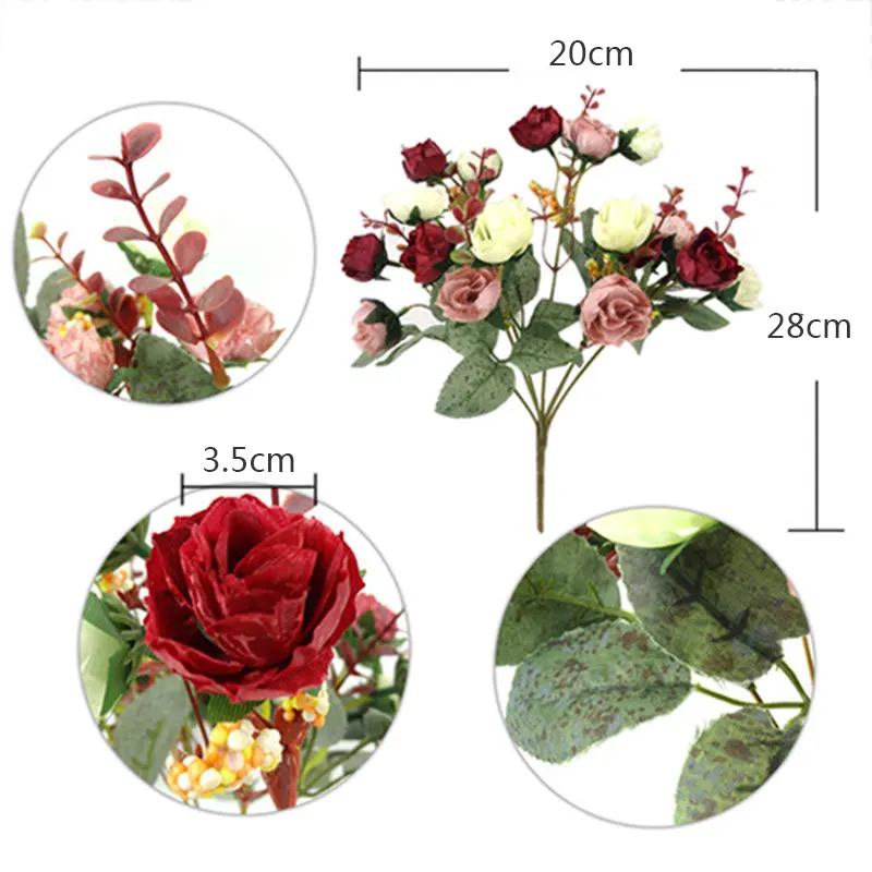 1Bunch Fresh Artificial Rose Flowers 21 Heads Romantic DIY Fake Silk Floral for Wedding Party Home Decoration