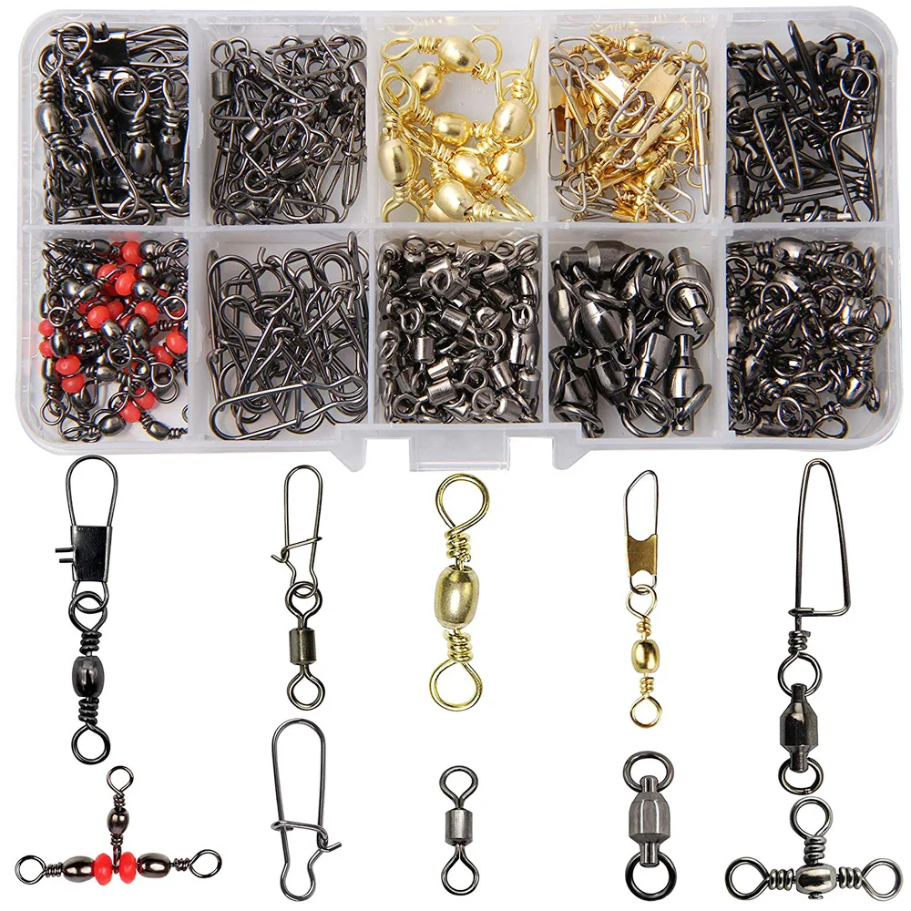 

175Pcs/Box Fishing Swivel Kit Ball Bearing Swivel Snap Safety Snap High Strength Fish Line Connector For Saltwater Freshwater