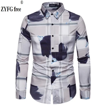 

ZYFG free hot men shirts long sleeve contrast printing shirt casual simple wind turn-down collar fashion Plus size male bloouse