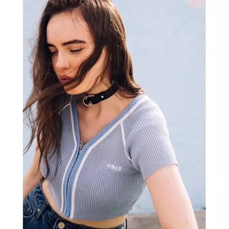 Women V-neck Short Sleeves Sweaters Streetwear Summer Zipper Knitted Cardigans Crop Tops Women Skinny Sweaters Unif