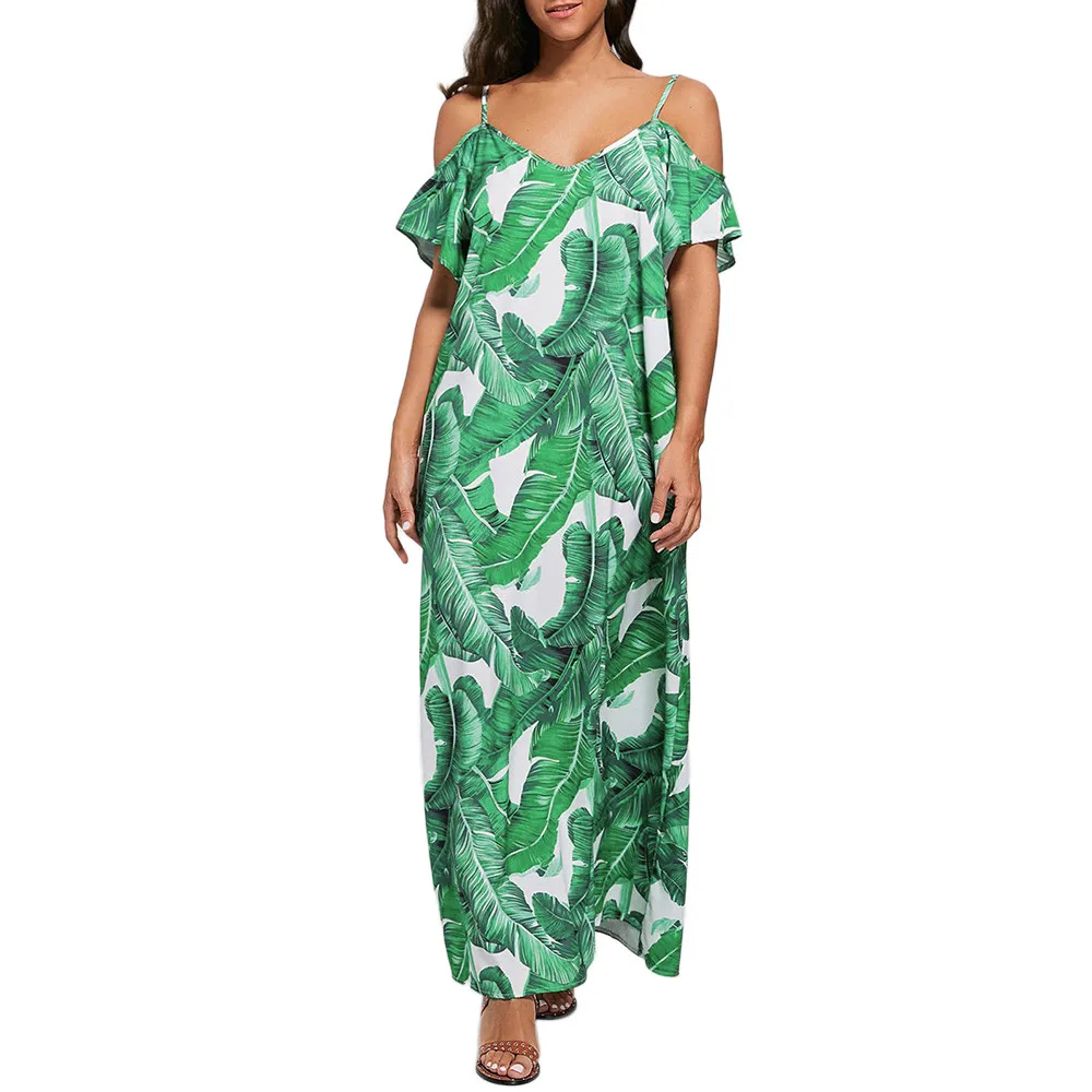 

Elegant Leaf print green dress women plus size dress Spaghetti strap ruffle summer beach dresses Casual holiday long vestidos