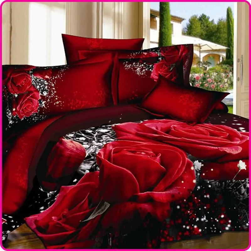 FairOnly Reactive Printed 3D Bed Set 3D Bedding Set Linen Queen Bedclothes Duvet Cover Set Red Black Rose Coverlet Queen