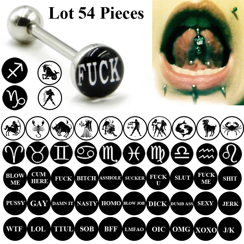 Wholesale 54pcs Surgical Steel mix different Logo Dirty Bad Words