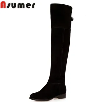

ASUMER 2020 new arrive autumn winter genuine leather boots square heel over the knee boots fashion buckle cowhide women boots