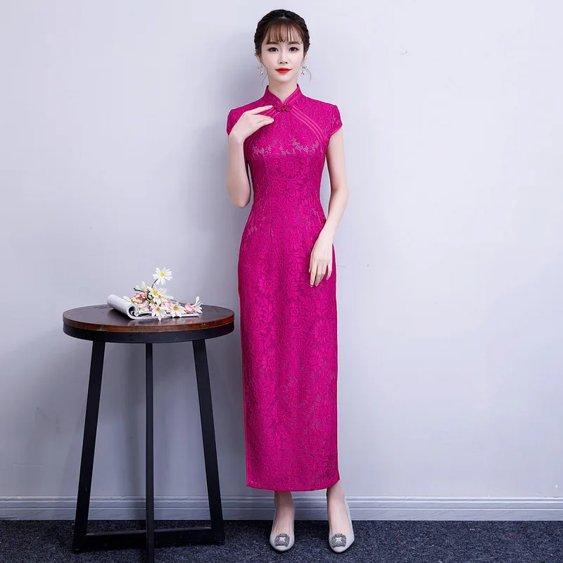 HOT PINK Новое поступление вышитое платье-чанпао высокие Разделение кружевное платье Чонсам Для женщин китайское традиционное платье плюс Размеры M L XL XXL 3XL 4XL - Цвет: HOT PINK