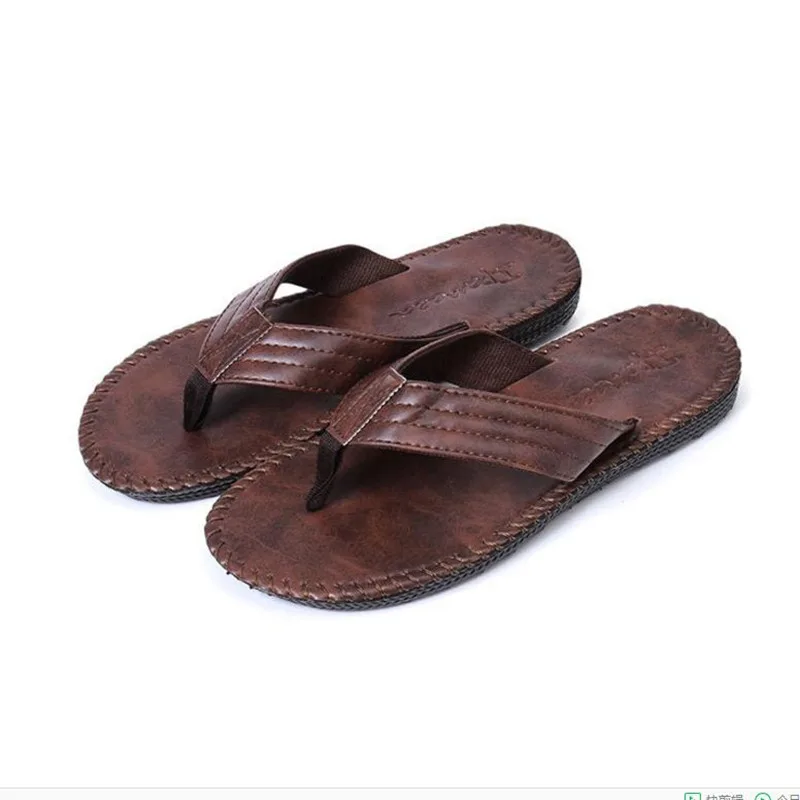 

Ipomoea Brand Men Slippers 2019 PU Leather Beach Flip Flops Slip On Male Summer Flat Shoes Non-slip Mens Indoor Outdoor Sandals