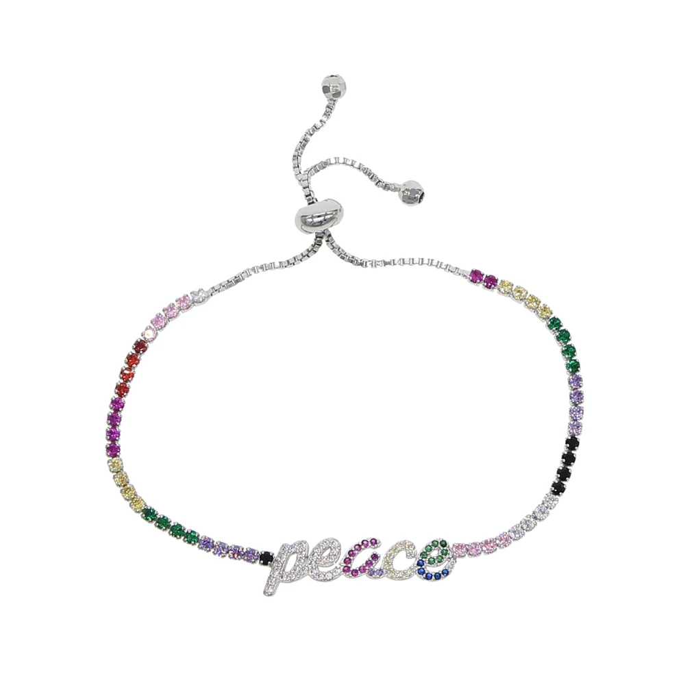 Adjustable Rainbow cz tennis chain Bracelet jewelry with happy peace happy letter charm - Окраска металла: peace