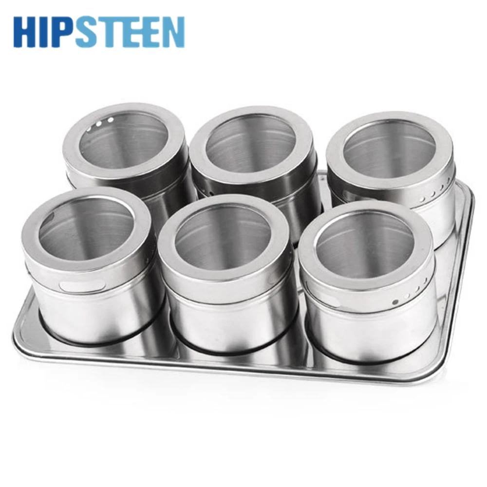 

HIPSTEEN 6pcs Magnetic Cruet Condiment Spices Jar Storage Set Stainless Steel Condimento Canister sauce bottle Seasoning Tools