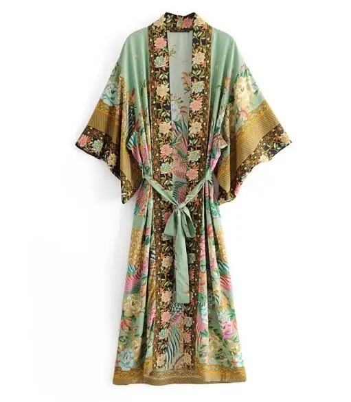 Длинное кимоно в богемном стиле с v-образным вырезом, цветочным принтом павлина, этнический длинный кардиган на шнуровке с поясом, свободная блузка, топы для женщин - Цвет: 1