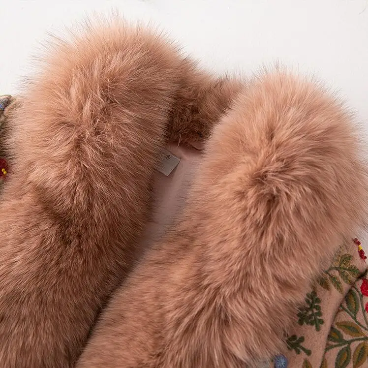 High-end winter trench coats women vintage Elegant Floral woolen embroidery loose lady Christmas Fox hair overcoat female M-XXL