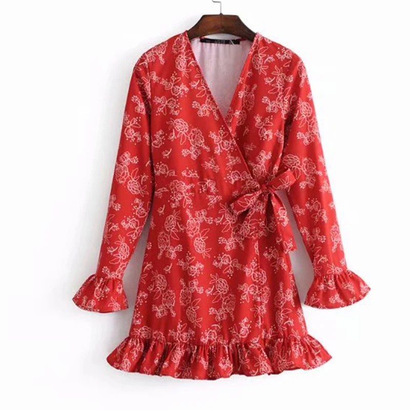 Women's Clothing Dress 2019 Printed V-Neck Flared Ruffled Lace-Up Dress Ms Summer Street Sexy Slim Fit Temperament Clothing