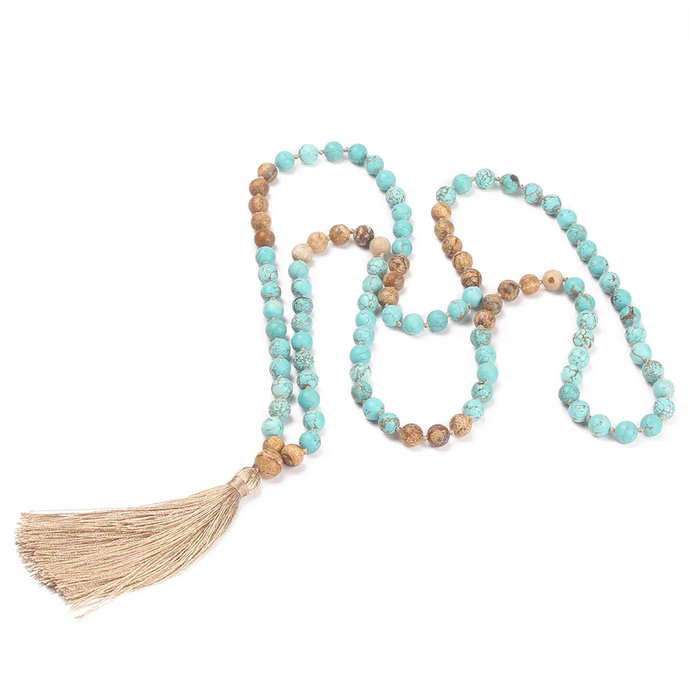 New Design 8mm Picture Stone and Blue-green Pine Beads Hand Knotted 108 Mala Long Necklace Women Tassel Dropship | Украшения и