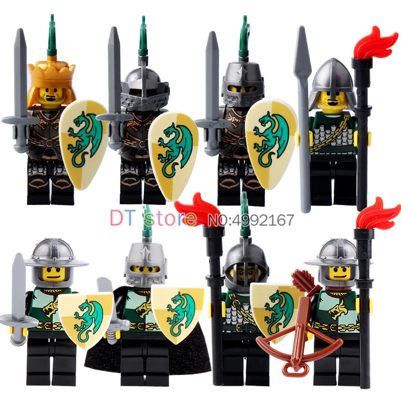 

Single Building Blocks green dragon Knight King Knight Medieval Castle Knight Armor Heavy Knight with Weapons Figures Brick 9806