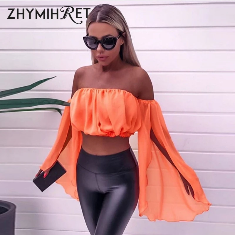 ZHYMIHRET неоновая блуза с вырезом лодочкой из шифона для женщин рукавом бабочкой