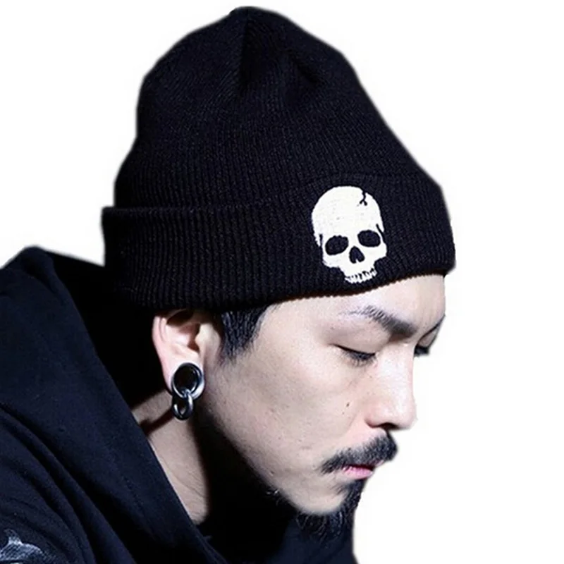Unisex Knit Hat Winter Hats Caps Punk Style Skull Black Knitting