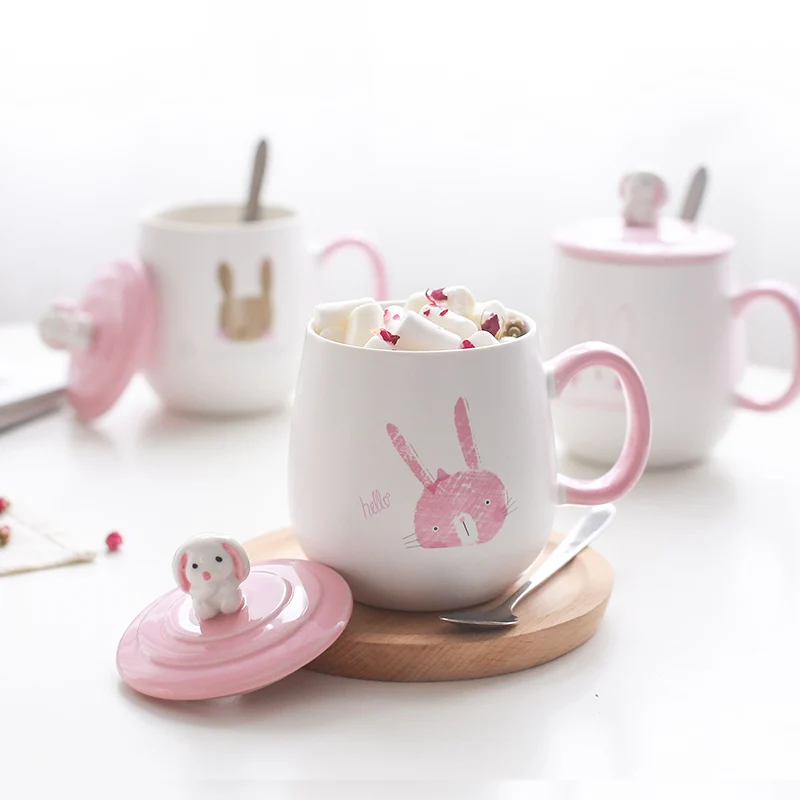 Мультфильм кролик термостойкие керамические чашки милые детские кружки с крышкой Ложка молоко кофе чай чашка пара кружка для офиса подарки