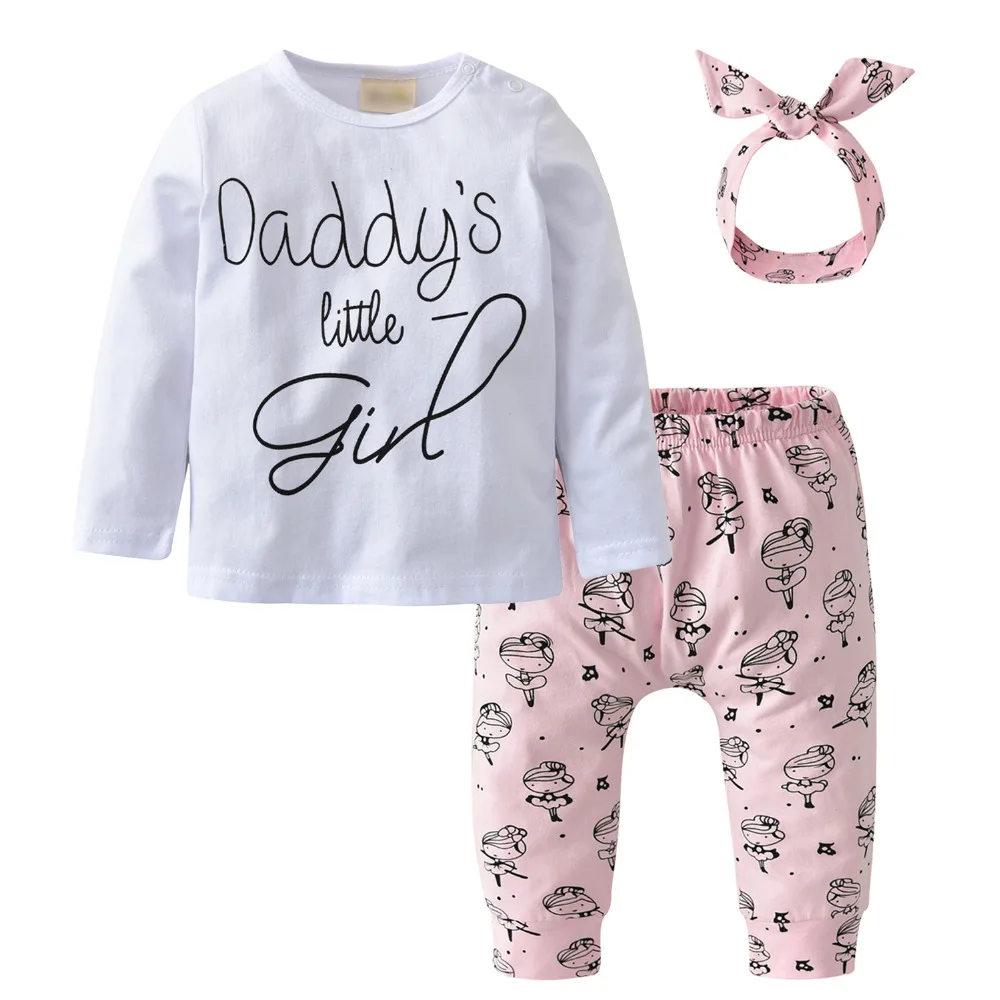 

3Pcs Infant Clothing Newborn Baby Girls Clothes Outfit Set Letters Daddy Little Girl T-shirt Tops Cartoon Pants with Headband