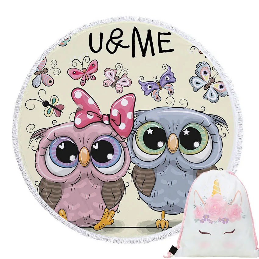 

Beach Towels Cartoon Owl Summer Round Towel with Drawstring Backpack Bag Microfiber Shower Towels Yoga Mat Blanket with Tassels