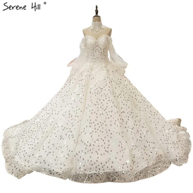 

Vintage Long Sleeves Off Shoulder Wedding Dresses 2019 Sequined Fashion Luxury Sexy Bridal Wedding Gowns Real Photo