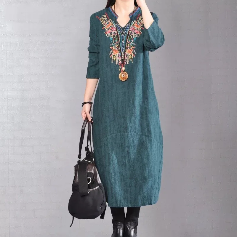 

2017 Big Yard Autumn Flower Embroidered V Neck Cotton Linen Dress Spring Loose Elegant Dresses Casual Plus Size Vintage Vestidos